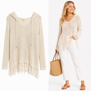 Project Womens XS Hooded Open Knit Fringe Hem Tie Neck‎ Cream Sweater Boho